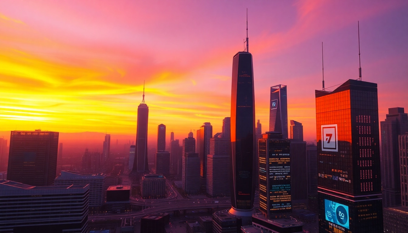 Showcase technology-enhanced futuristic city skyline during sunset with digital displays and vibrant colors.
