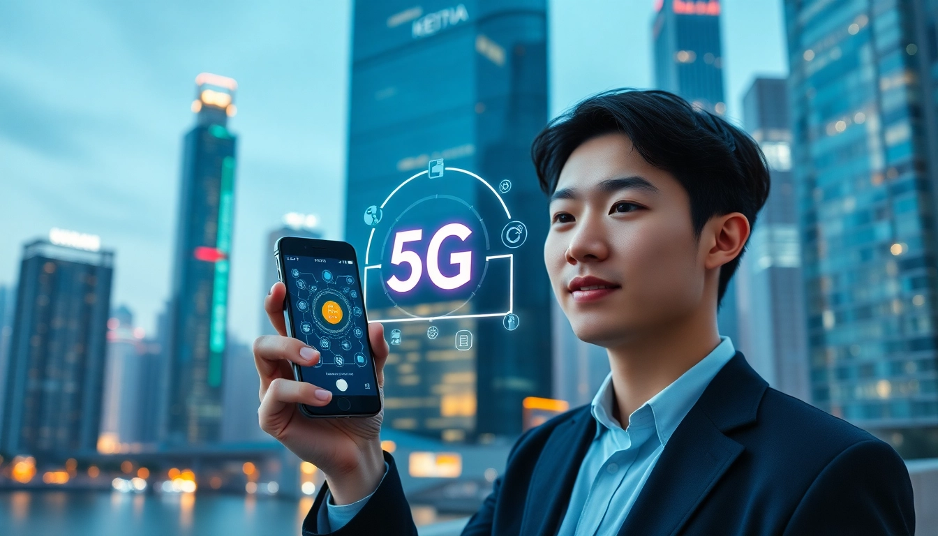 香港繁華都市背景，一名年輕專業人士手持手機，顯示5G信號，象徵高速網絡與科技未來。