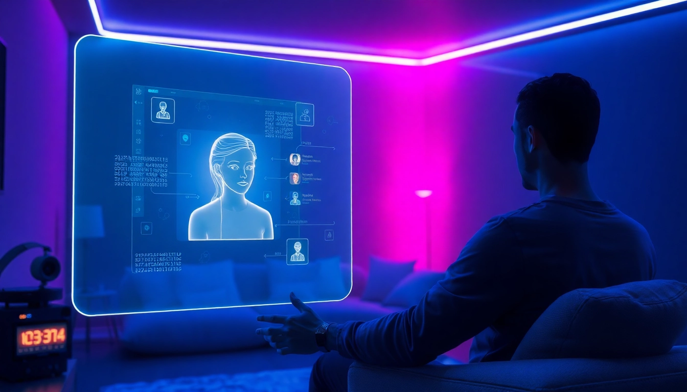 Futuristic AI chat environment with holographic interface and virtual avatar in a private, high-tech setting.