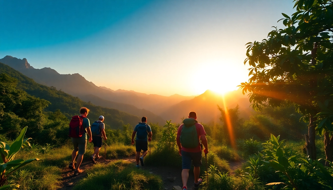 Trekking adventure through Indonesian rainforest with hikers crossing a lush trail and scenic mountain views.