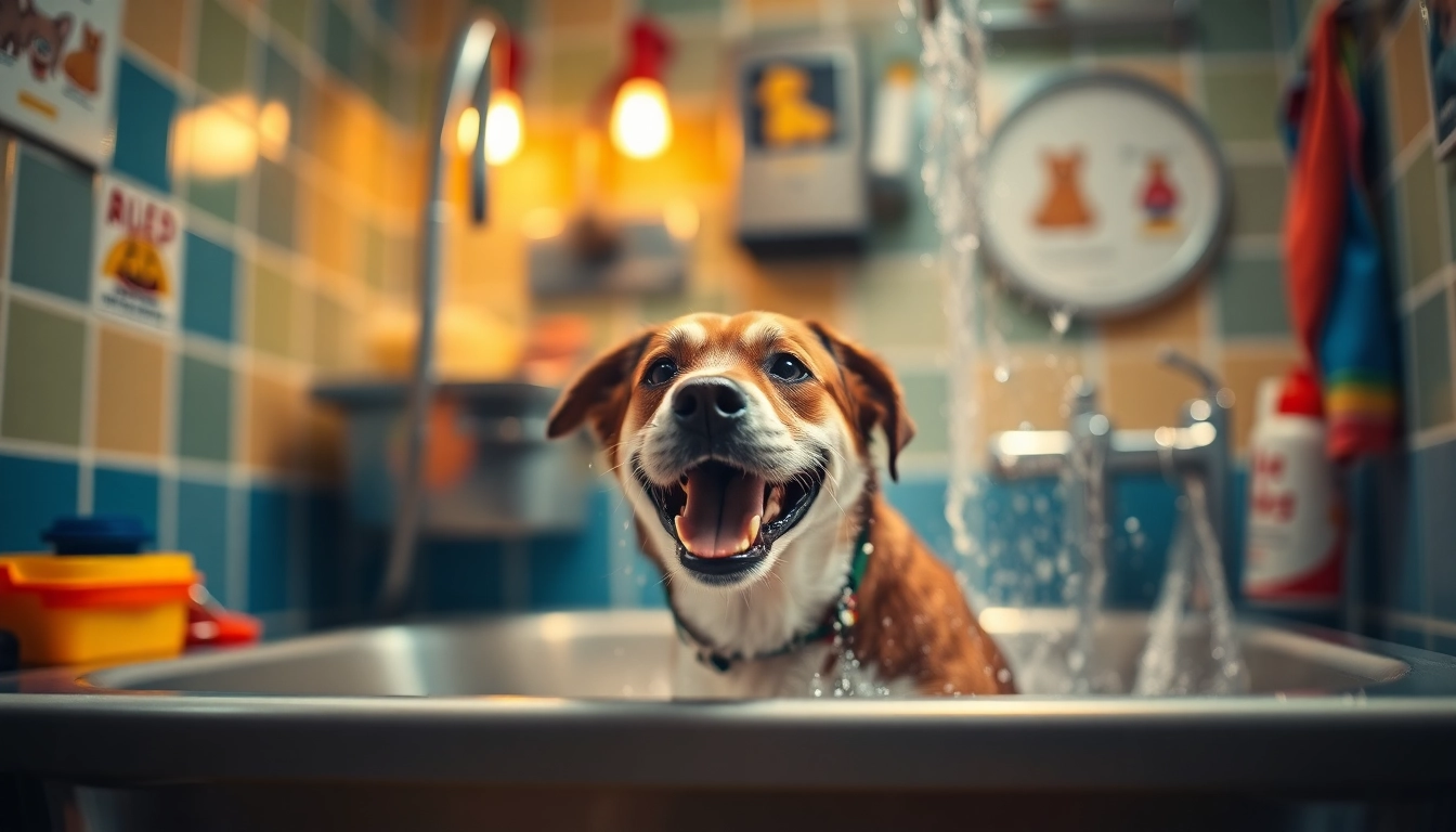 Dog wash near me offers a fun and engaging experience for dogs in a bright pet wash station.