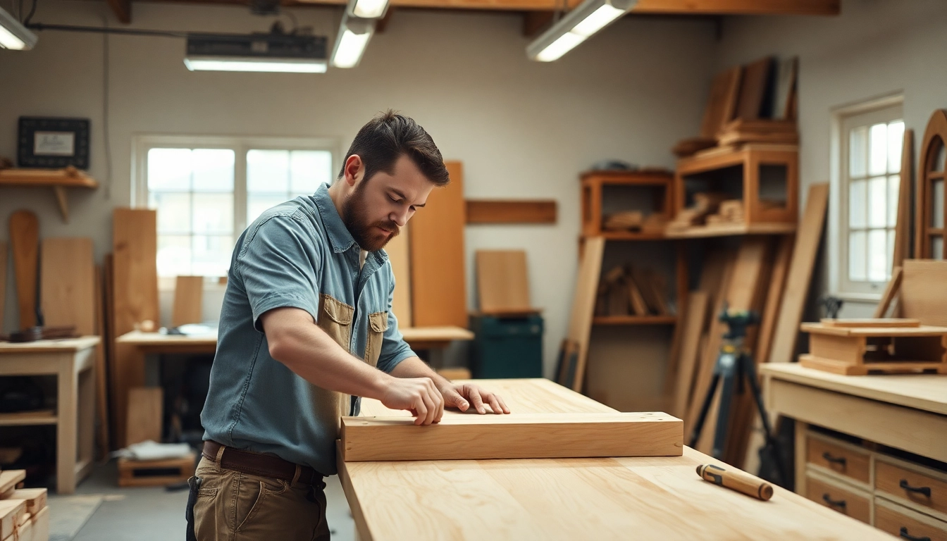 Carpenter measuring and cutting wood with precision in a workshop for custom furniture building.
