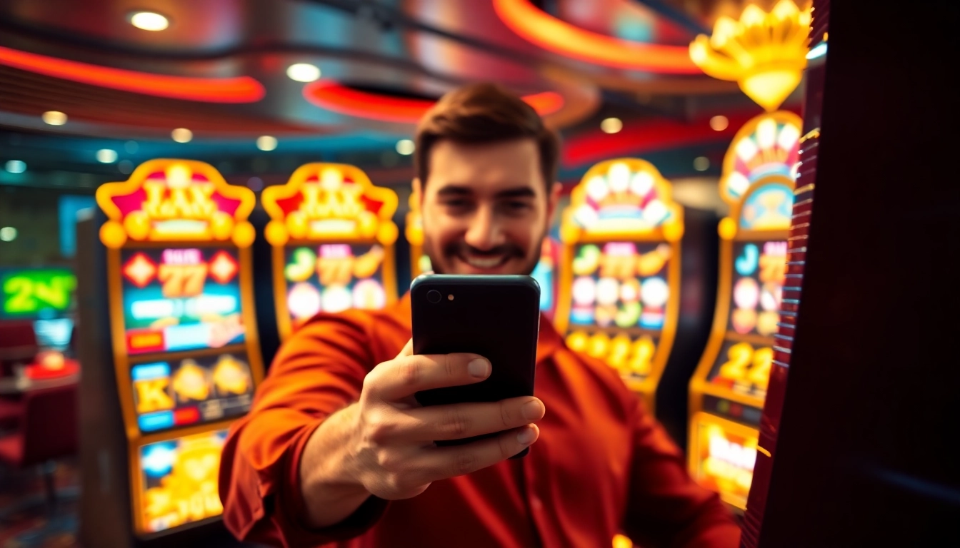Men Toto actively engaging with a slot machine on his smartphone, showcasing trust and winning possibilities in online gambling.