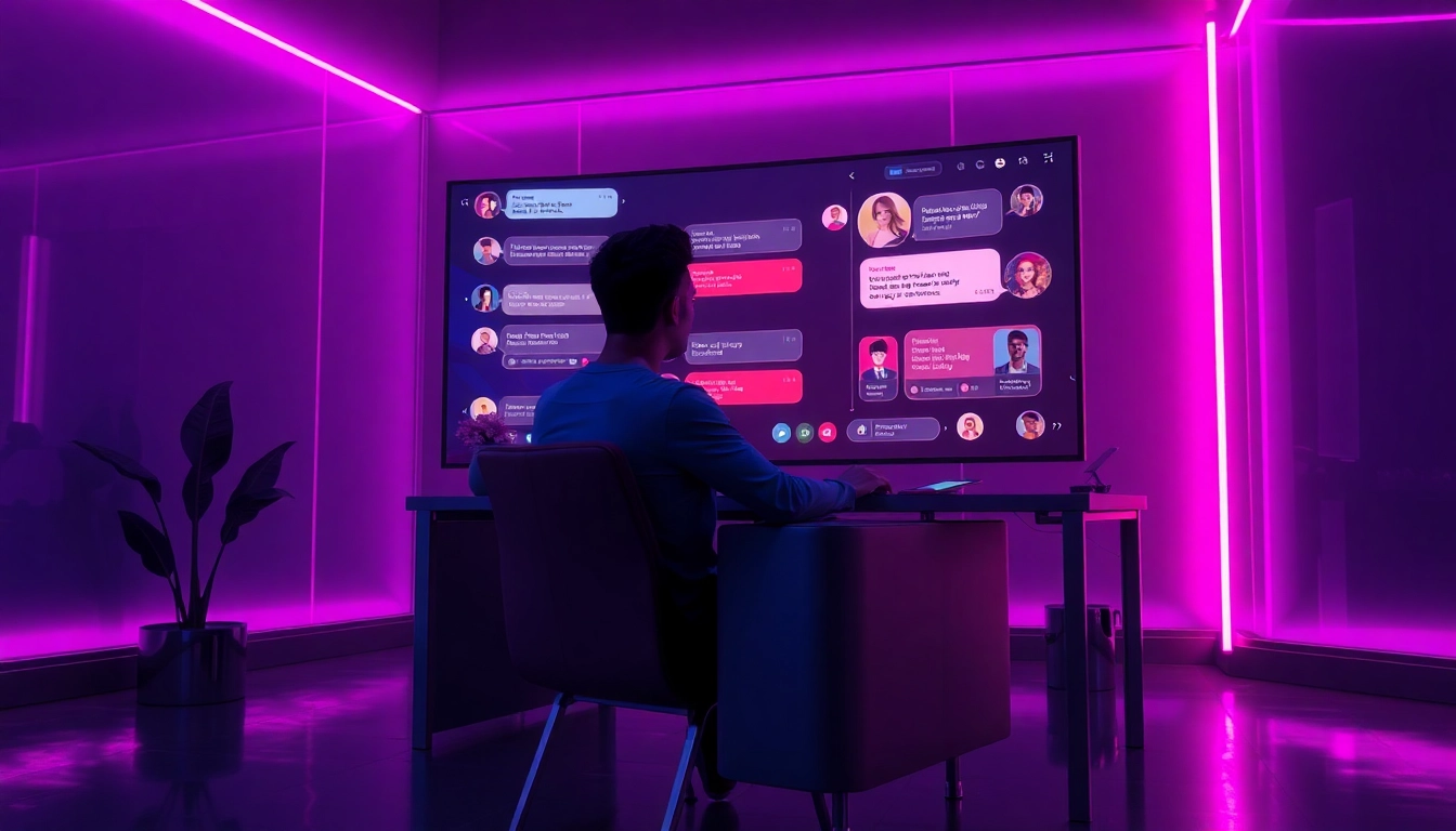 A person using a high-tech device with a vibrant, neon-lit chat interface focused on spicy AI content.