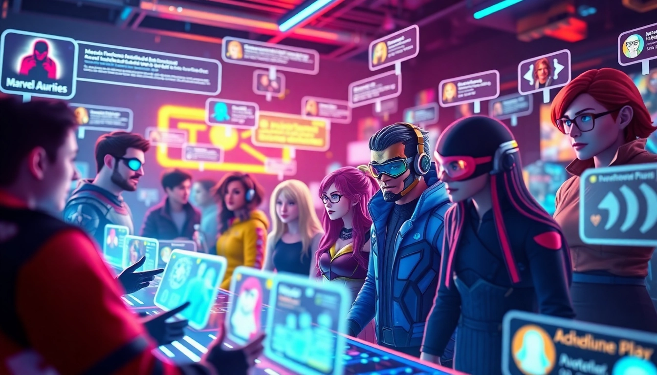Digital illustration of a vibrant virtual social media environment with diverse fandom avatars and interactive elements.