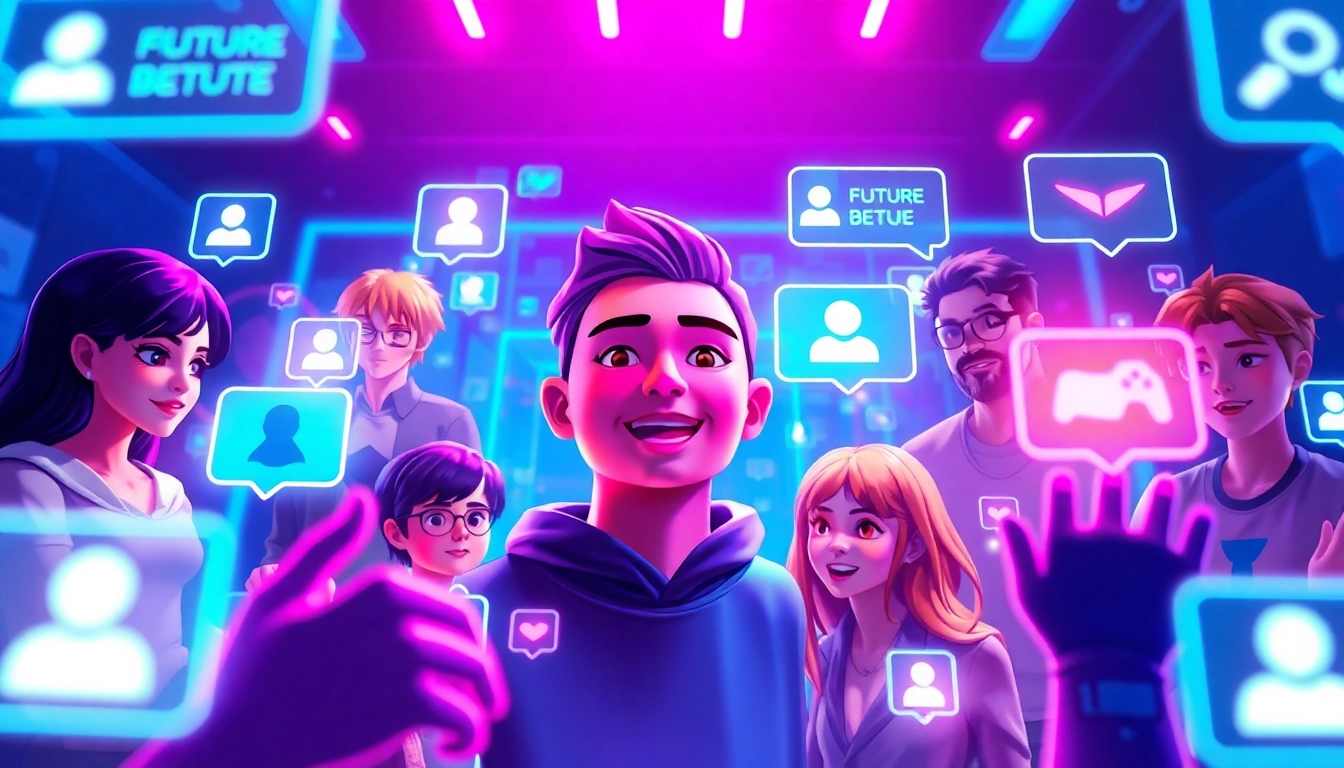 Futuristic digital scene showing AI characters and social media interfaces with neon lighting and vibrant colors.