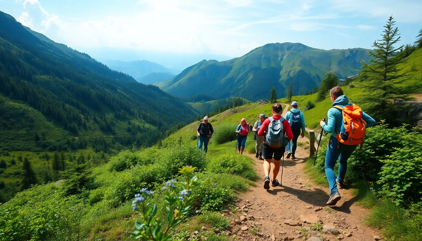 A guided trek through pristine mountain landscapes with a knowledgeable guide motivating hikers along a scenic trail.