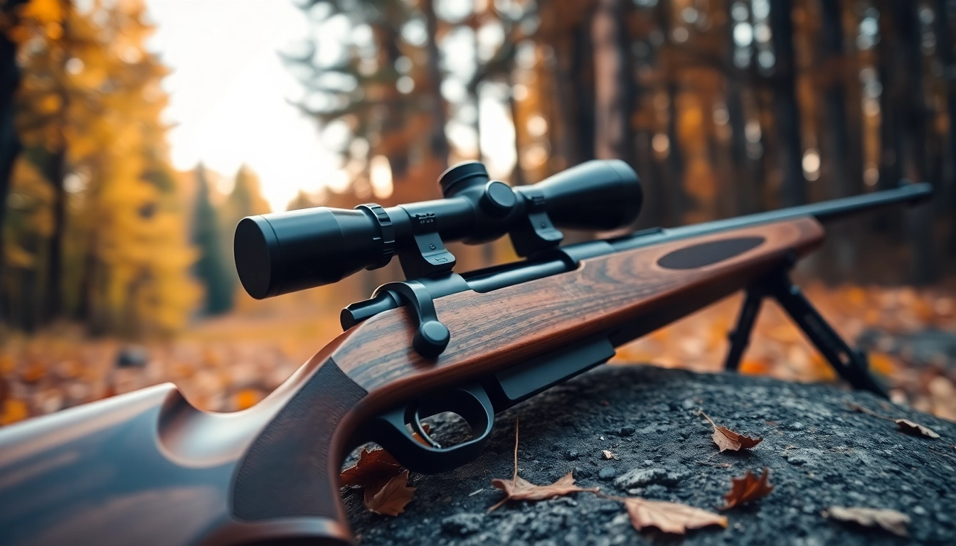 Top-rated rifles for deer hunting in Canada displayed in a forest setting with hunters preparing for tracking