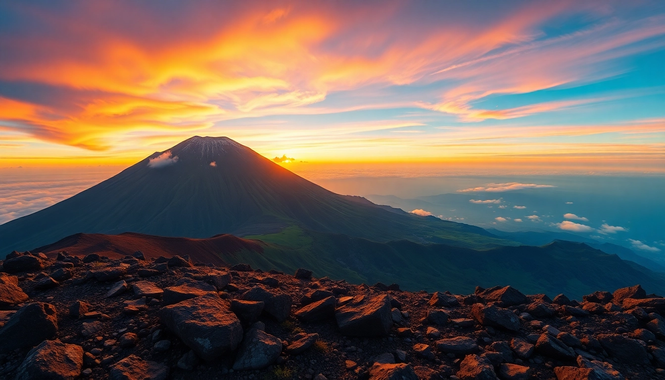 Sunrise over Mount Rinjani's crater rim with vibrant colors and rugged terrain