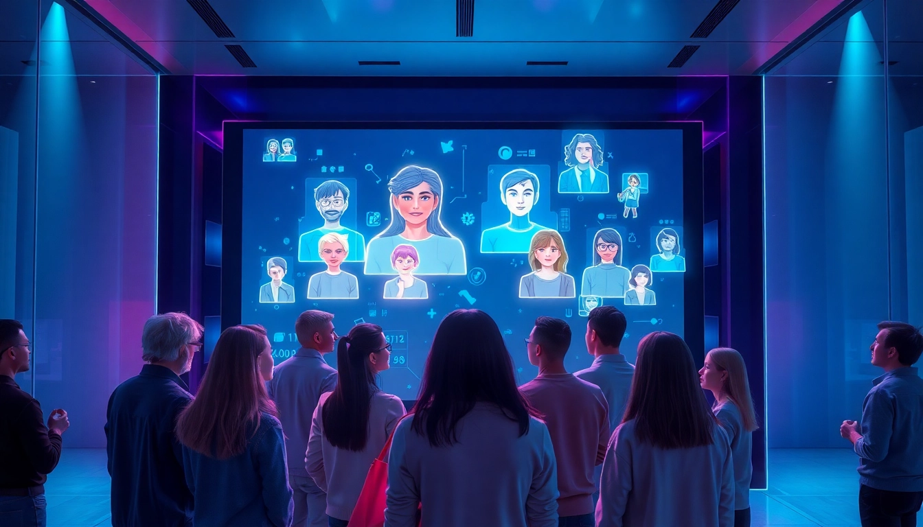 Futuristic scene showing users interacting with holographic AI characters in a modern tech environment.
