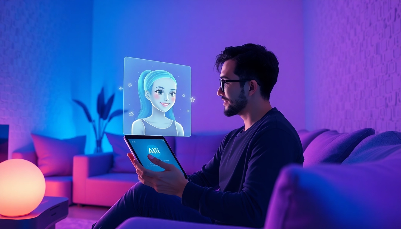 A person interacting with a holographic AI girlfriend in a cozy, modern living room with futuristic lighting.