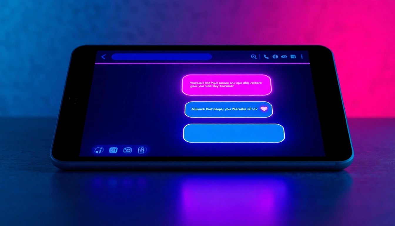 A futuristic tablet displaying an AI chat interface with neon lighting and sensual themes.