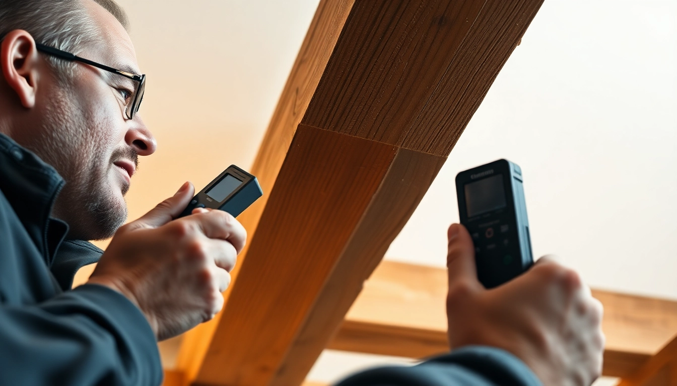 Professional inspecting wooden beams for houtwormen bestrijden using moisture meters and endoscopes in a detailed, realistic setting.
