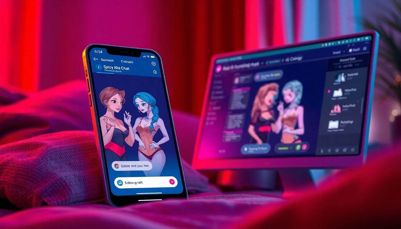 Futuristic digital illustration of AI chat on a smartphone and desktop with flirtatious characters and warm lighting.