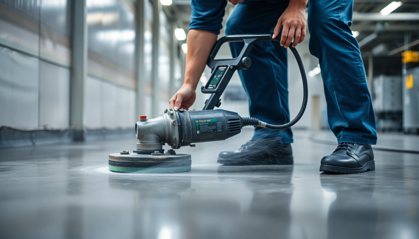 Professional concrete grinding Birmingham process with a technician operating a diamond grinder