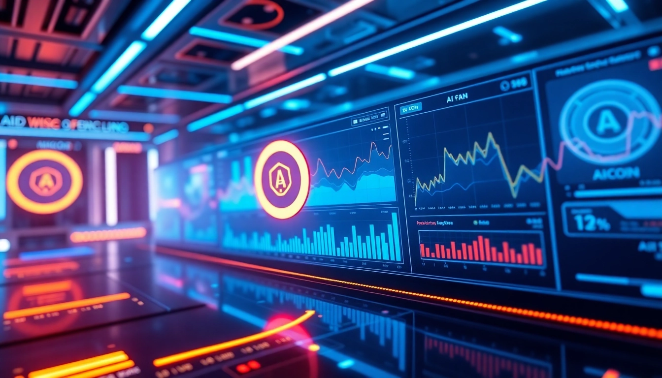 Dynamic AICoin interface showcasing market analytics and blockchain graphics for investors and